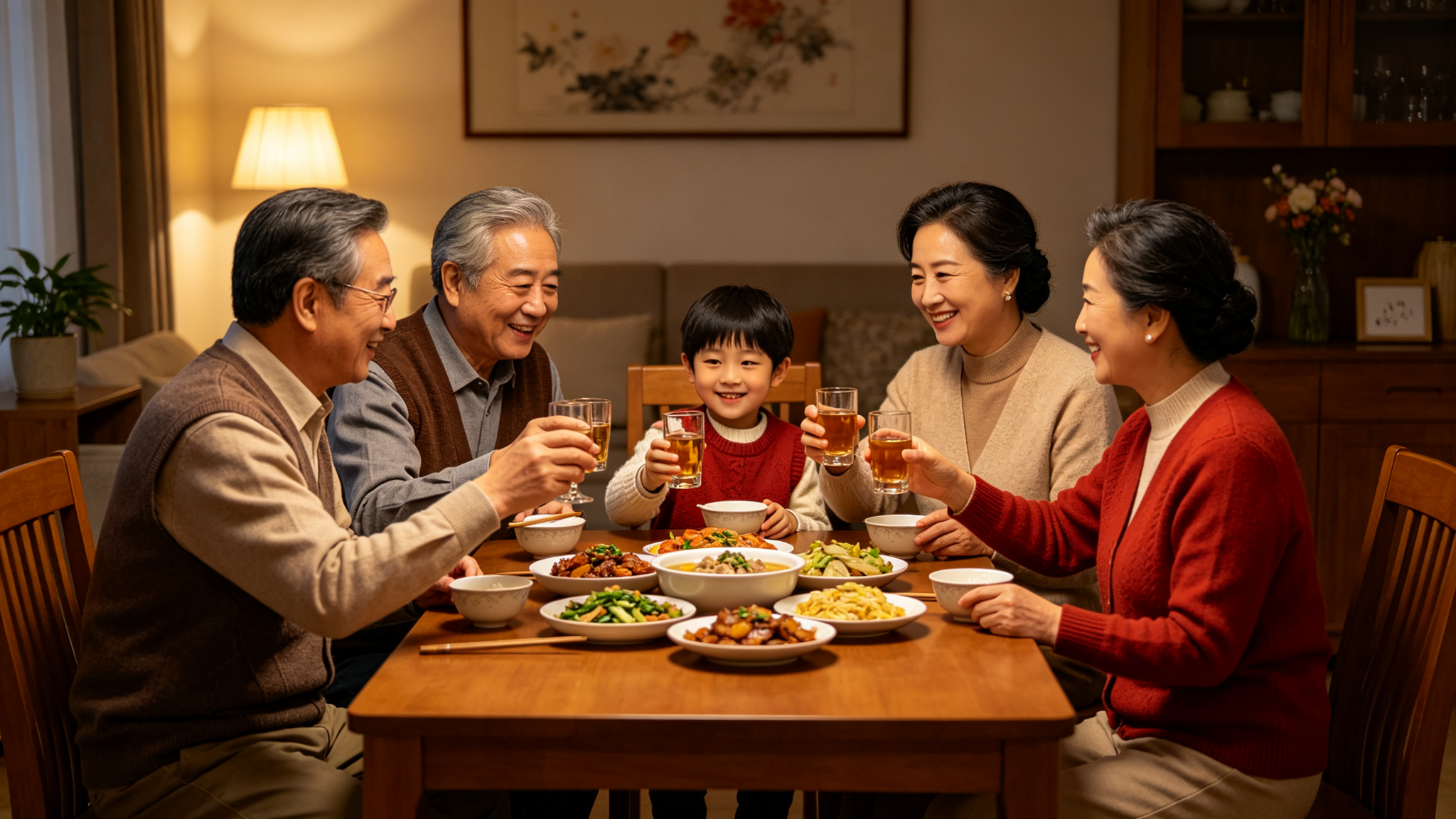 Three generation family having dinner together, toasting with drinks