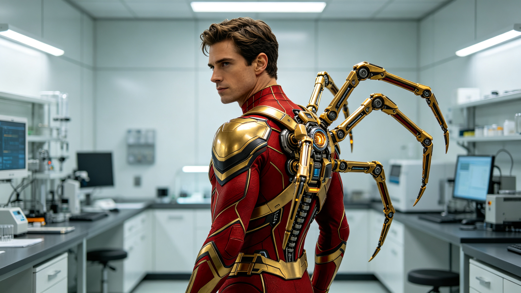 Red and gold tech suit with mechanical spider legs
