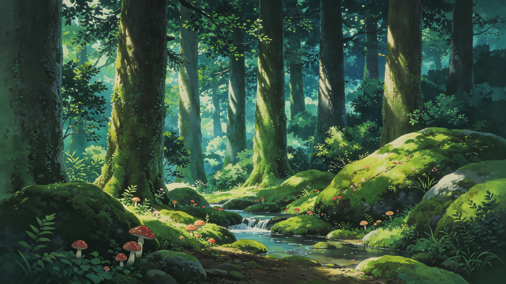 Ghibli style mystical forest with sunlight through trees and small stream
