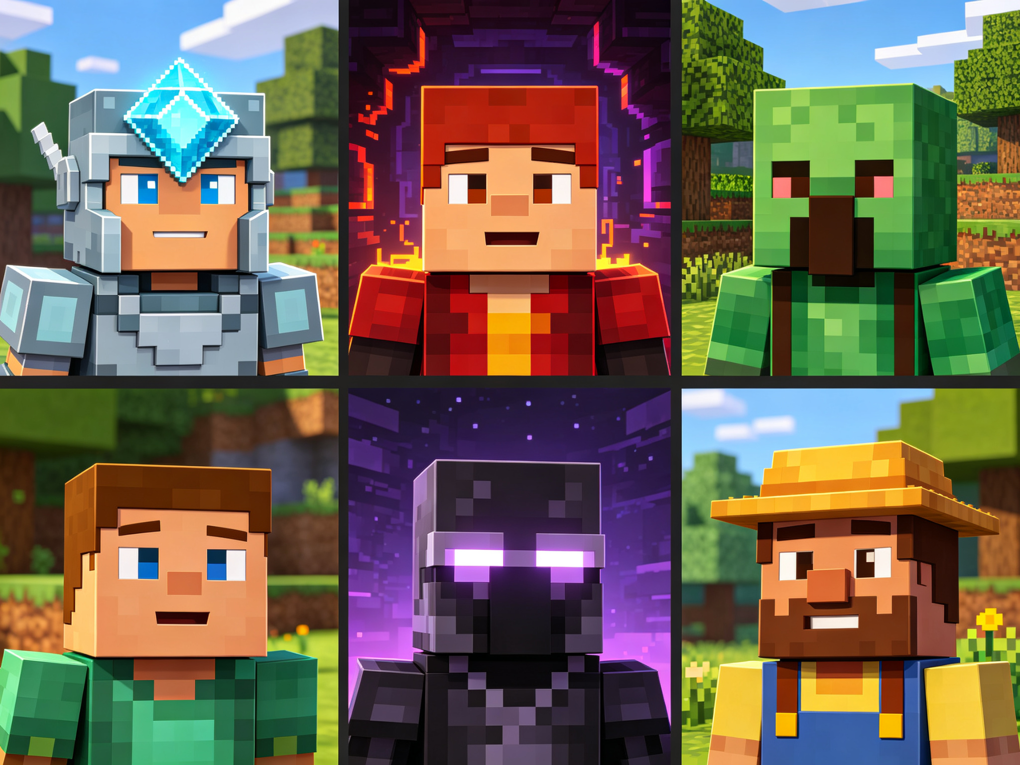 Collection de six avatars de personnages Minecraft