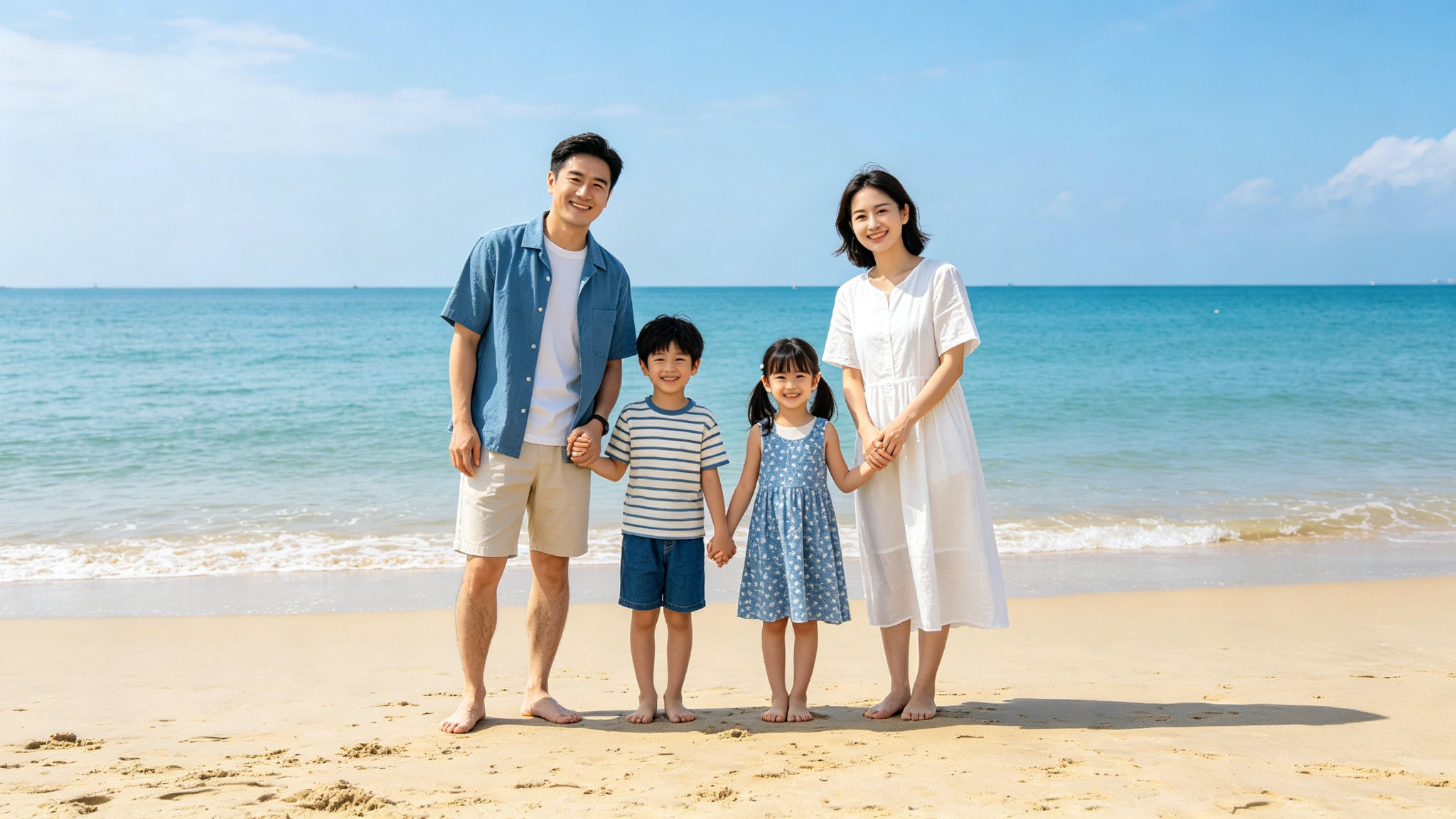 Family of four on beach vacation, holding hands by the ocean
