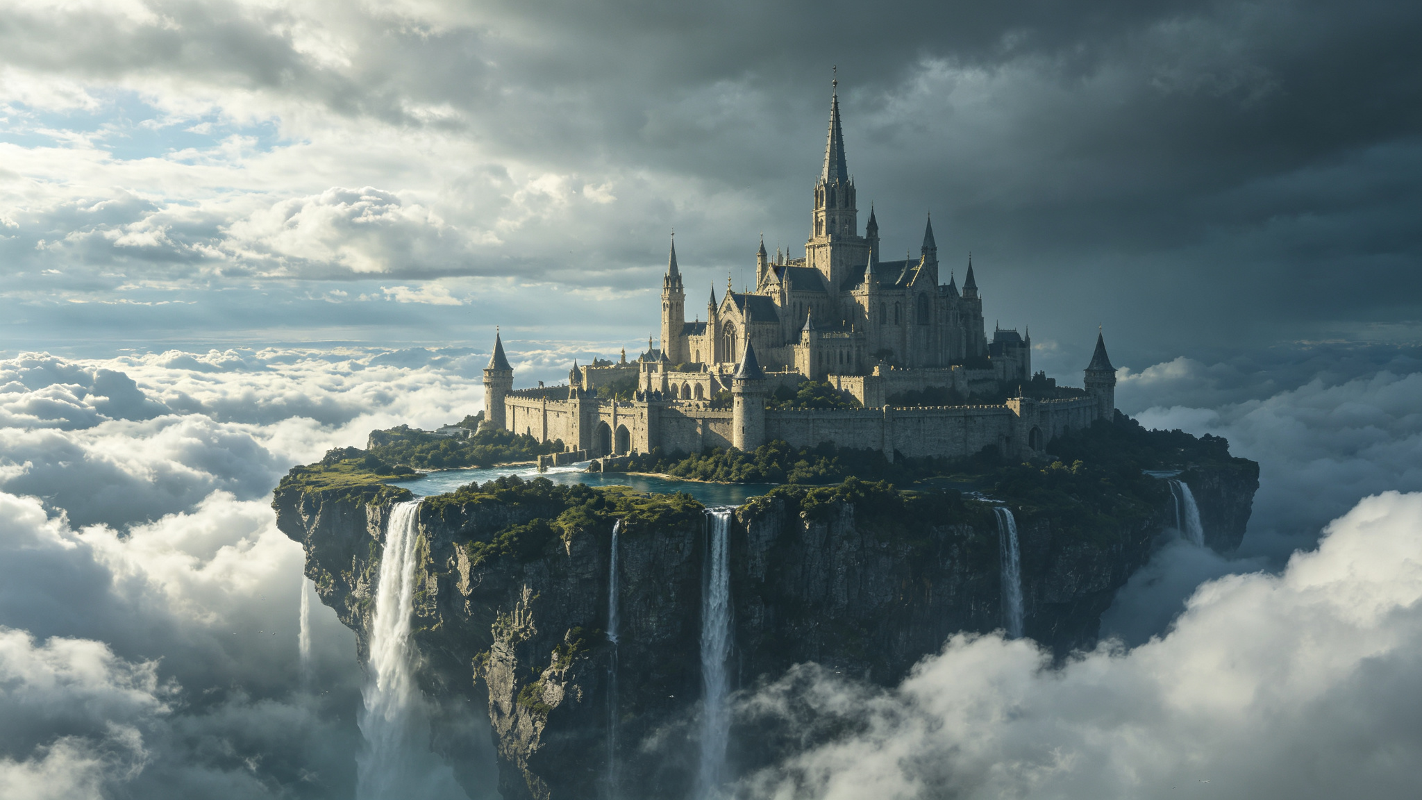 Fantasy castle on floating island above clouds