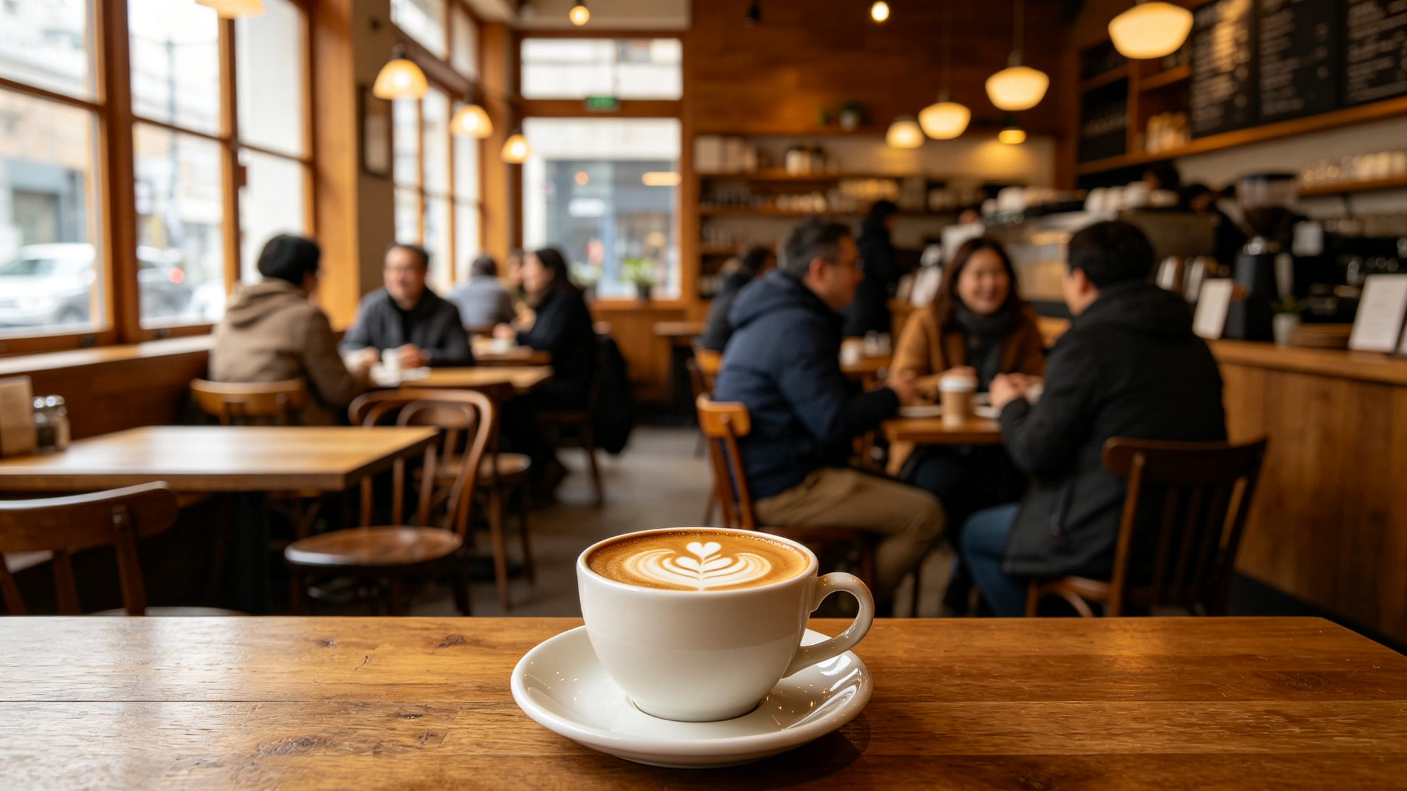 Cozy coffee shop interior with warm lighting