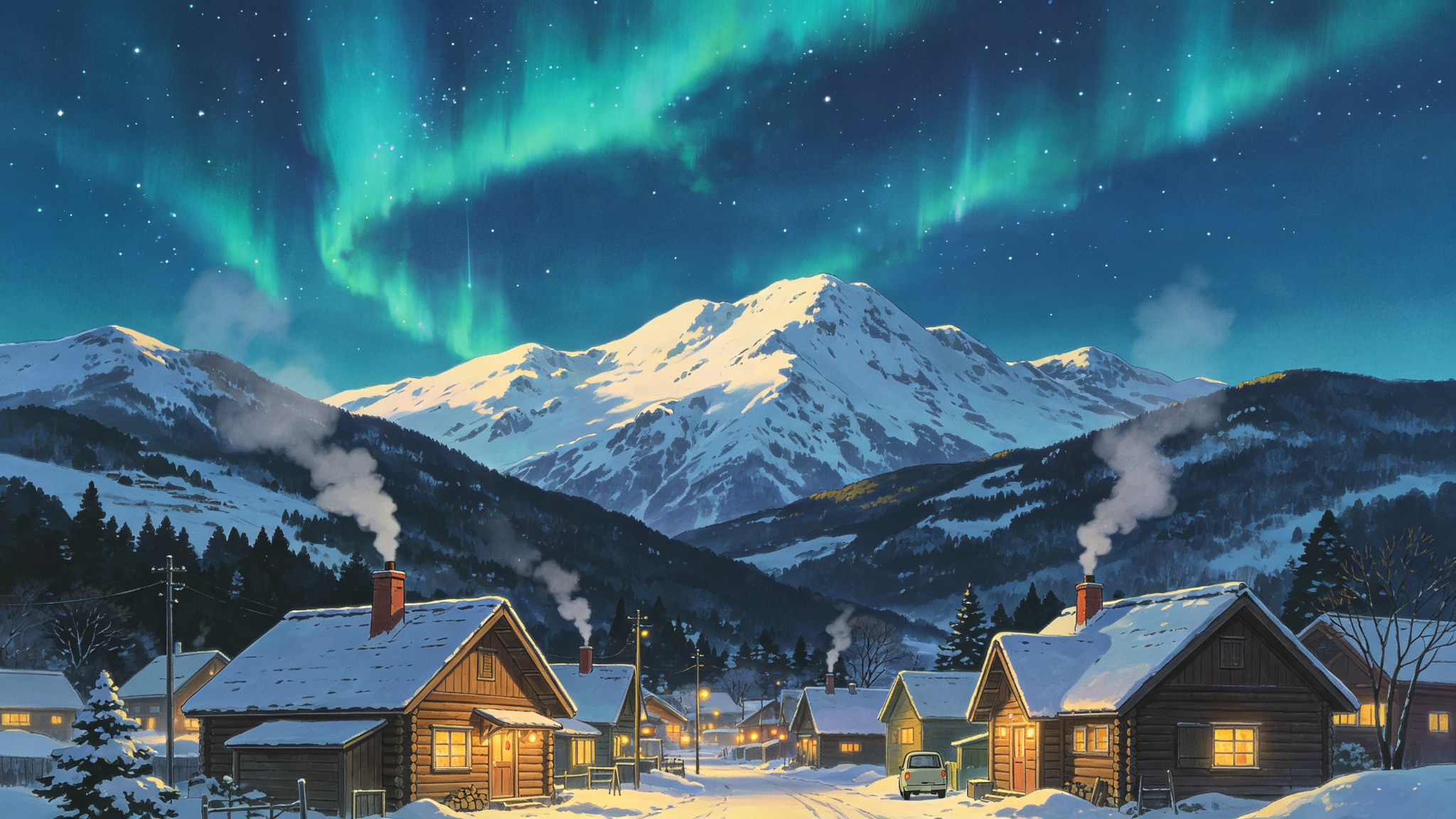 Ghibli style snowy mountain village with aurora and warm cabins