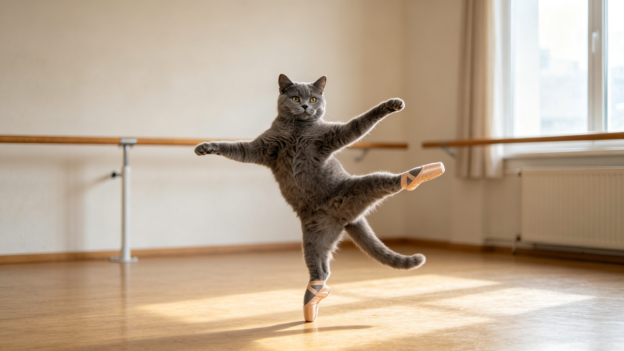 灰色猫咪在练功房摆出芭蕾舞姿势