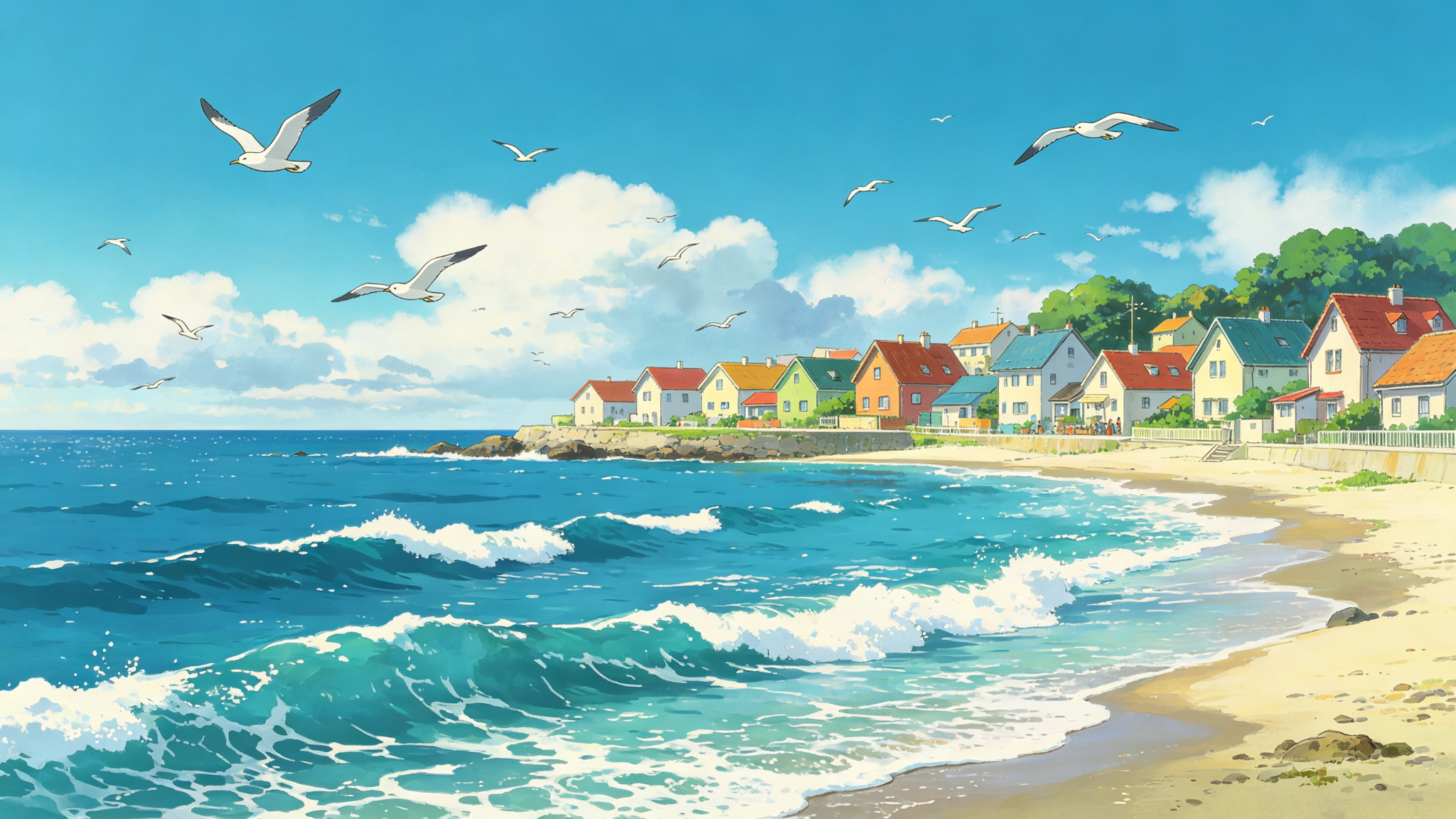 Ghibli style seaside town with blue ocean and colorful houses