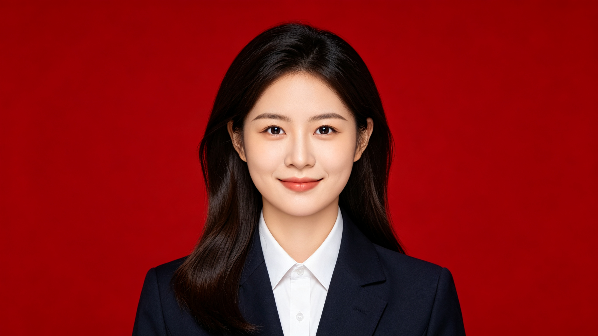 年轻女性红底证件照,职业装