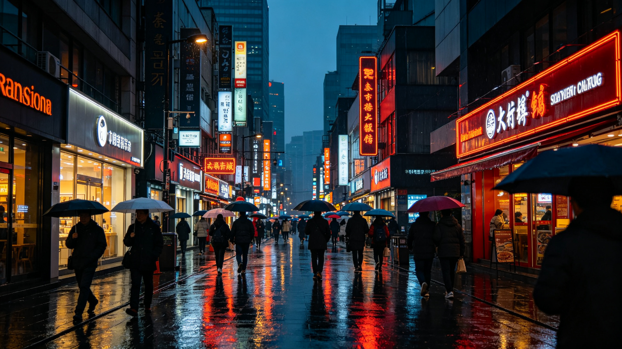 Urban street at dusk with neon reflections
