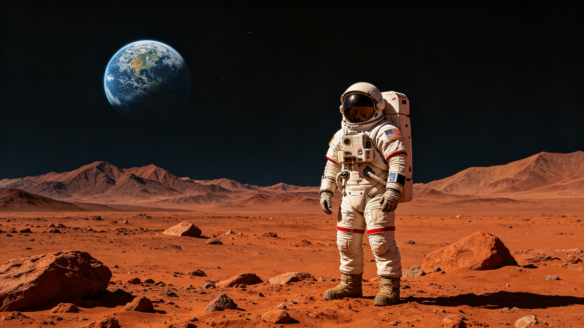 Astronaut standing on Mars surface with Earth in sky