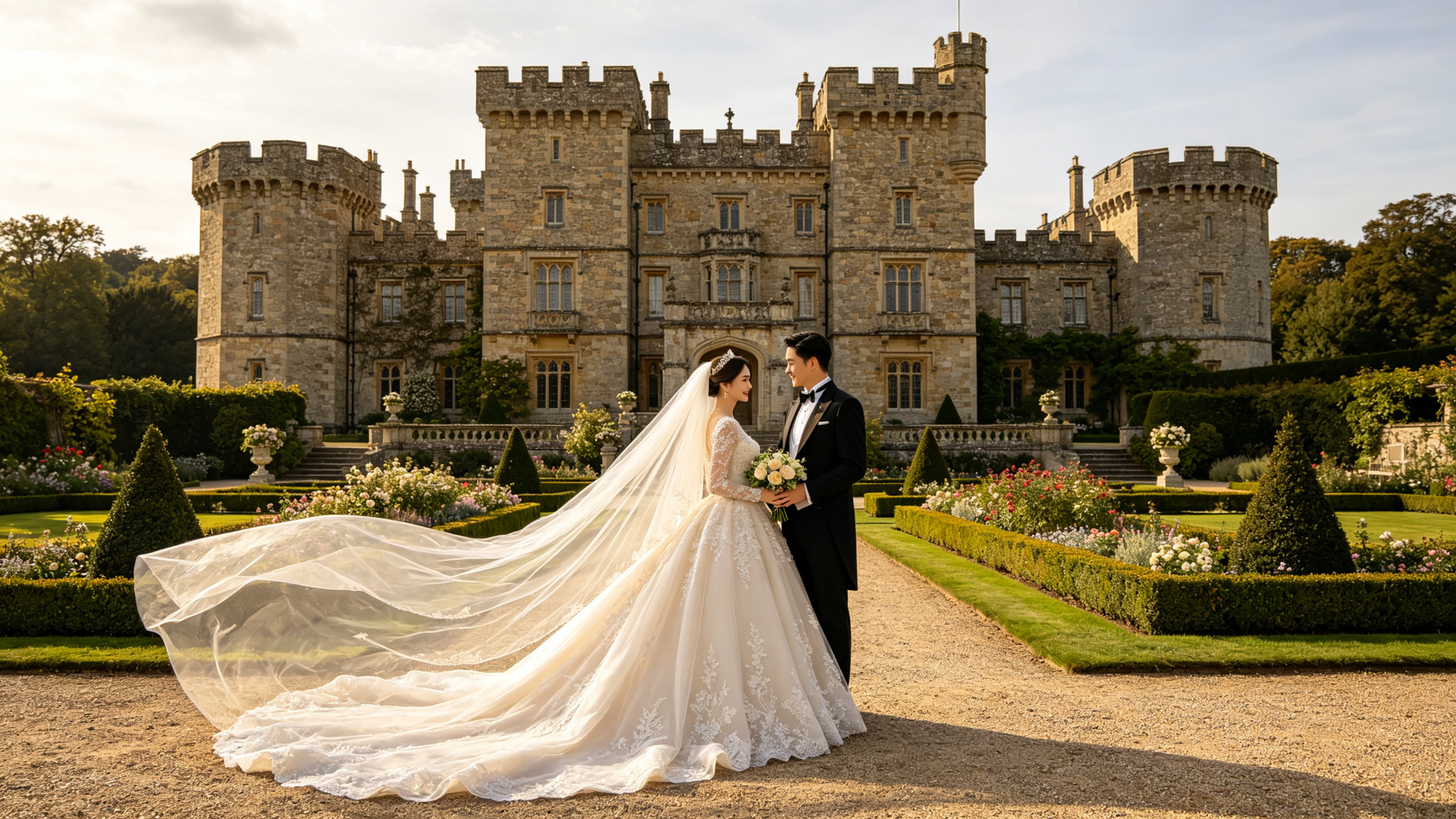 European castle wedding with bride in flowing gown