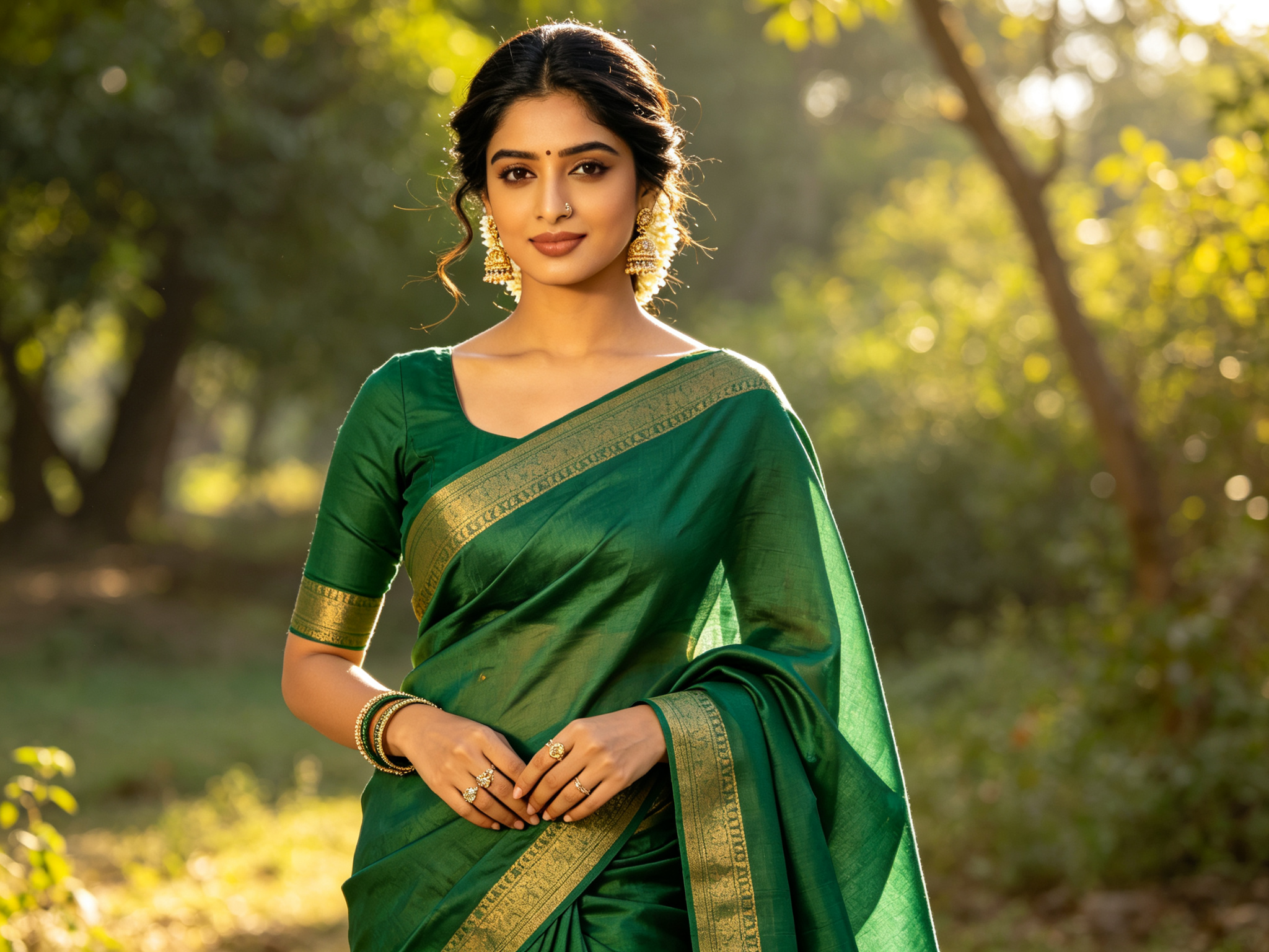 Mujer con un elegante sari de fiesta de color verde azulado