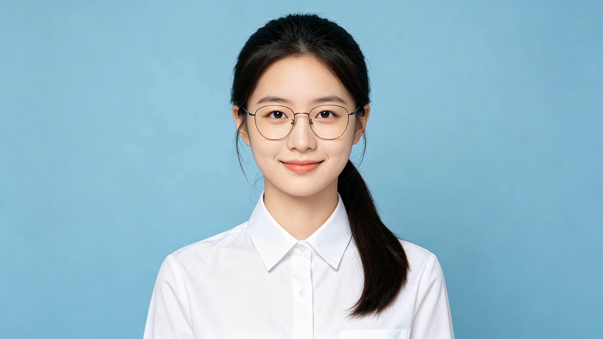 戴眼镜年轻女性浅蓝底学生证件照