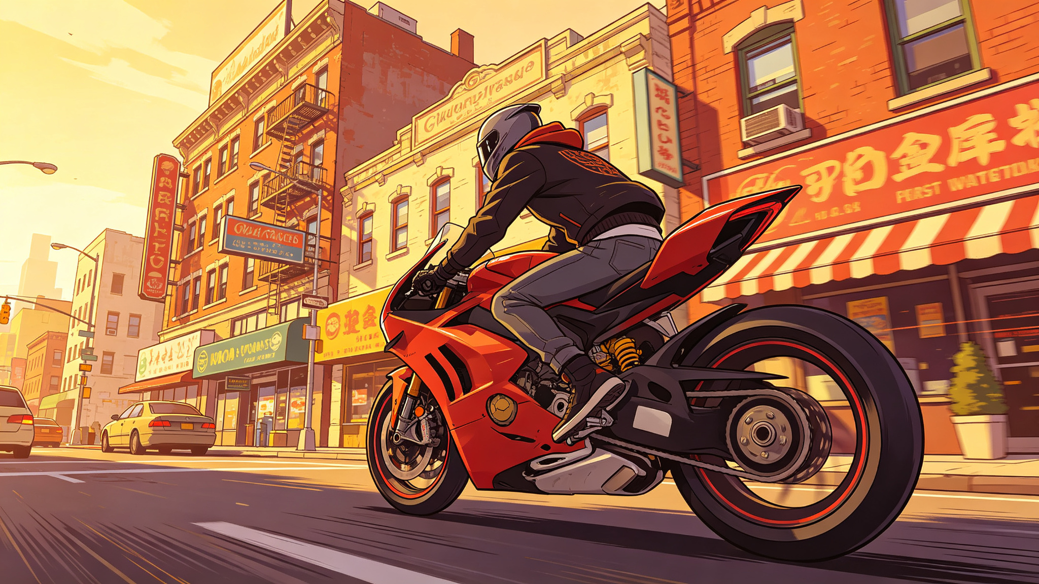 Motorcycle rider photo in GTA 6 video game style