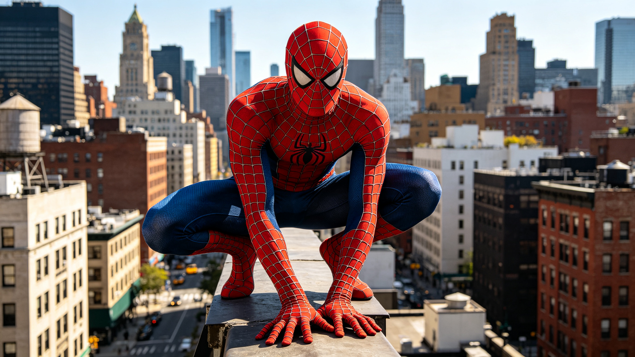 Classic red and blue suit crouching on a rooftop