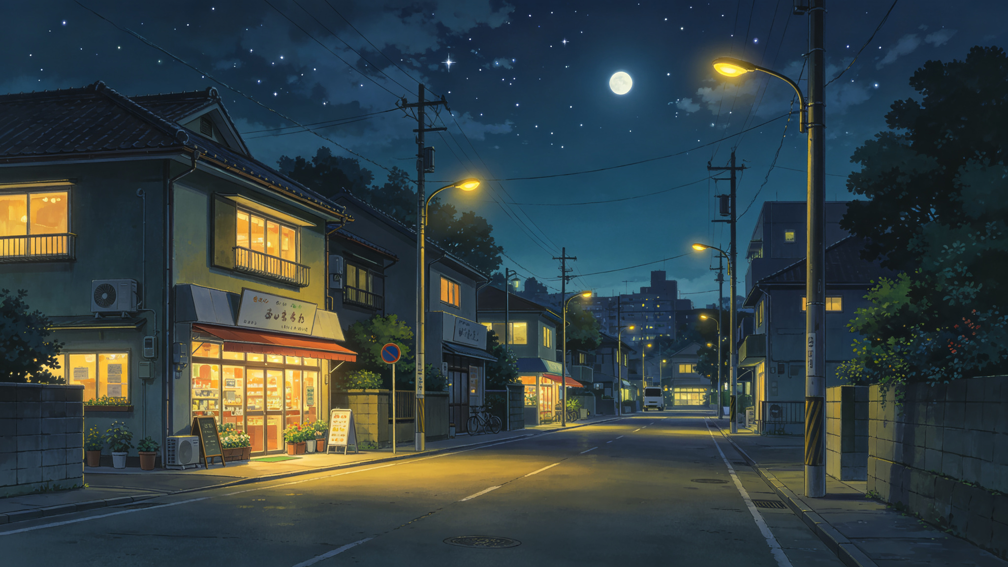 Ghibli style night city street with warm streetlights and starry sky