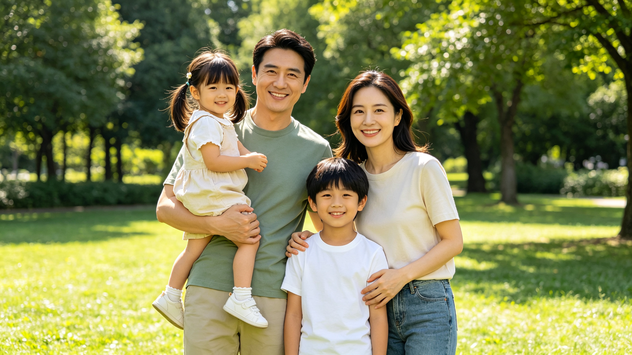 Happy family of four in the park, father holding daughter, mother with son