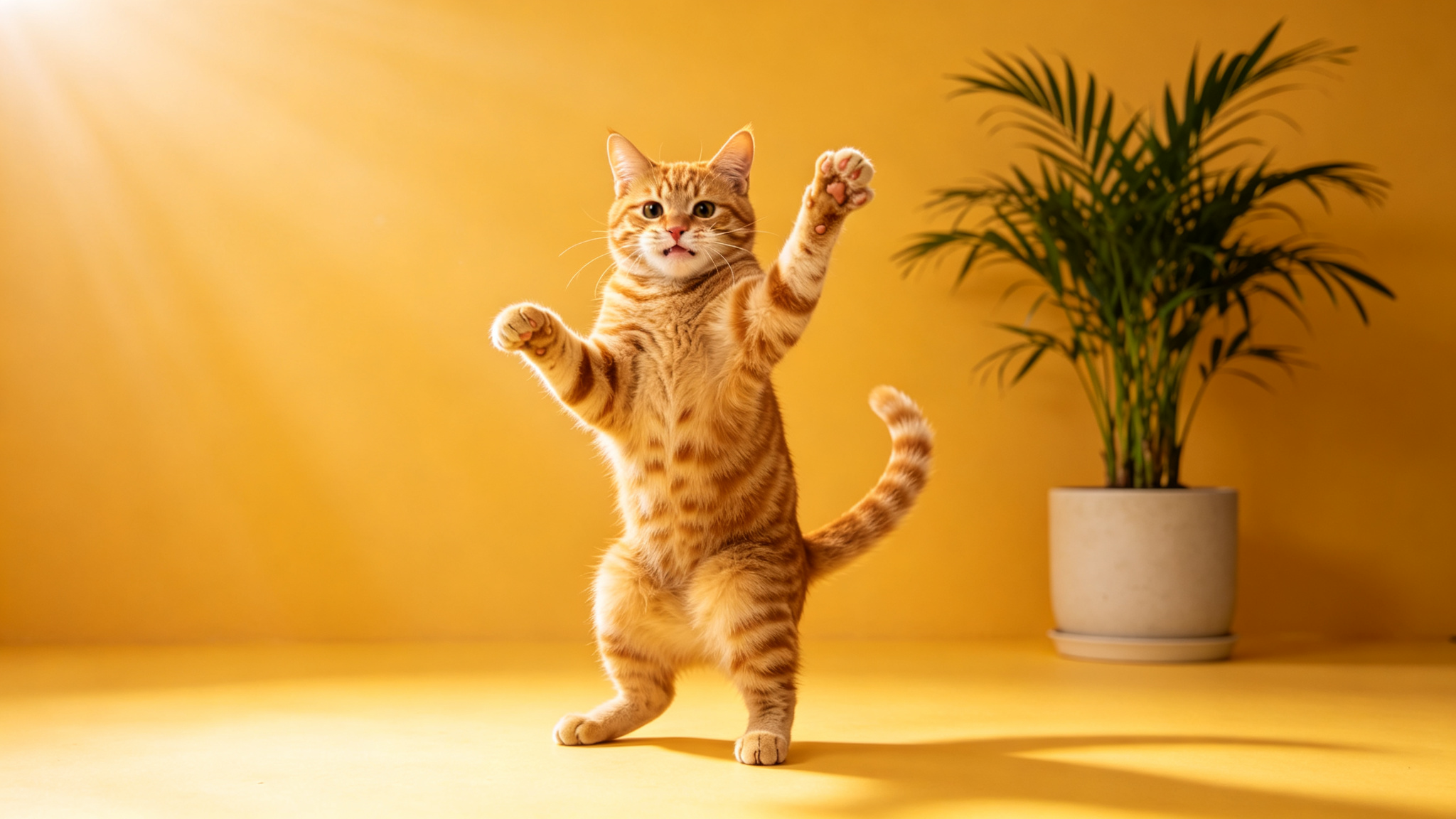 橙色虎斑猫用后腿站立热情跳舞