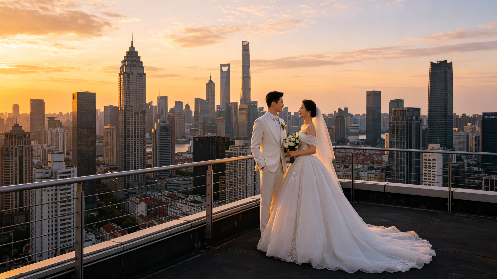 Urban rooftop wedding with city skyline at sunset