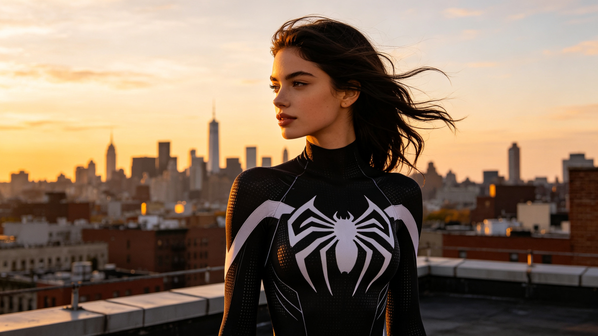 Black suit heroine at sunset on a rooftop