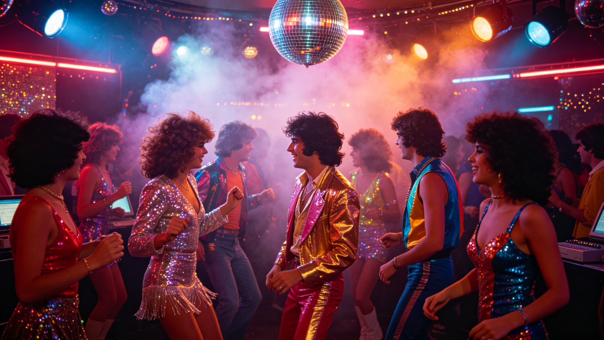 1980s disco dance floor with neon lights and mirror ball