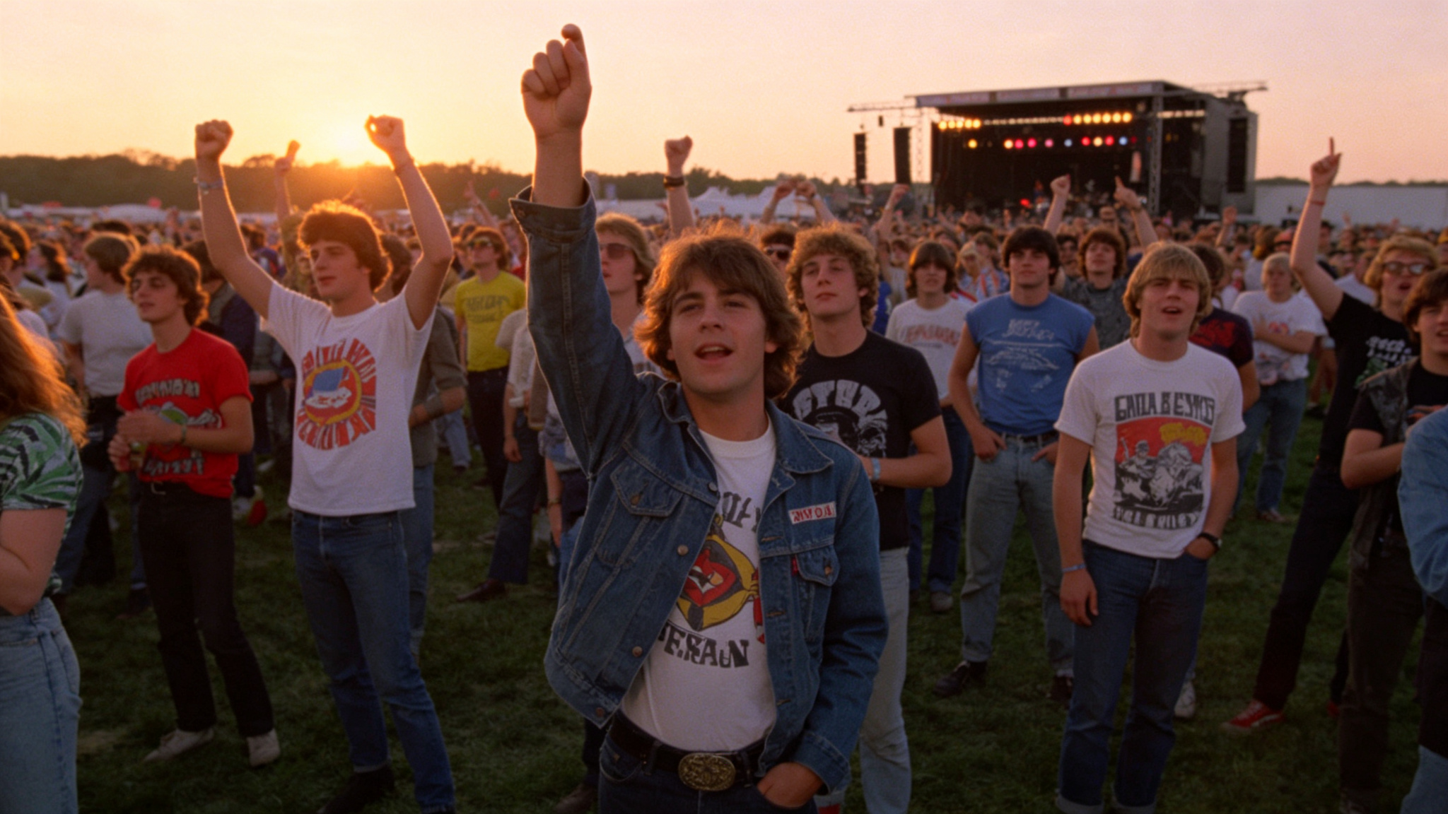 1980s outdoor music festival crowd at sunset