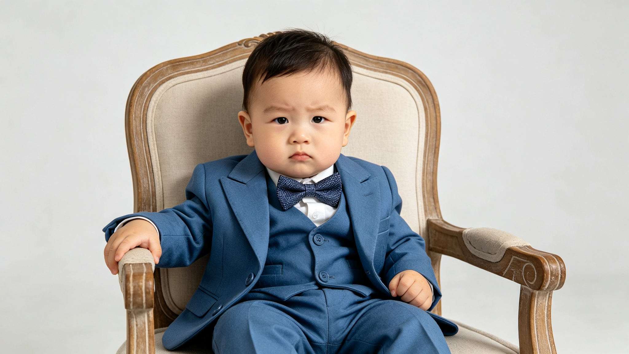 Baby boy in blue suit sitting on a vintage chair