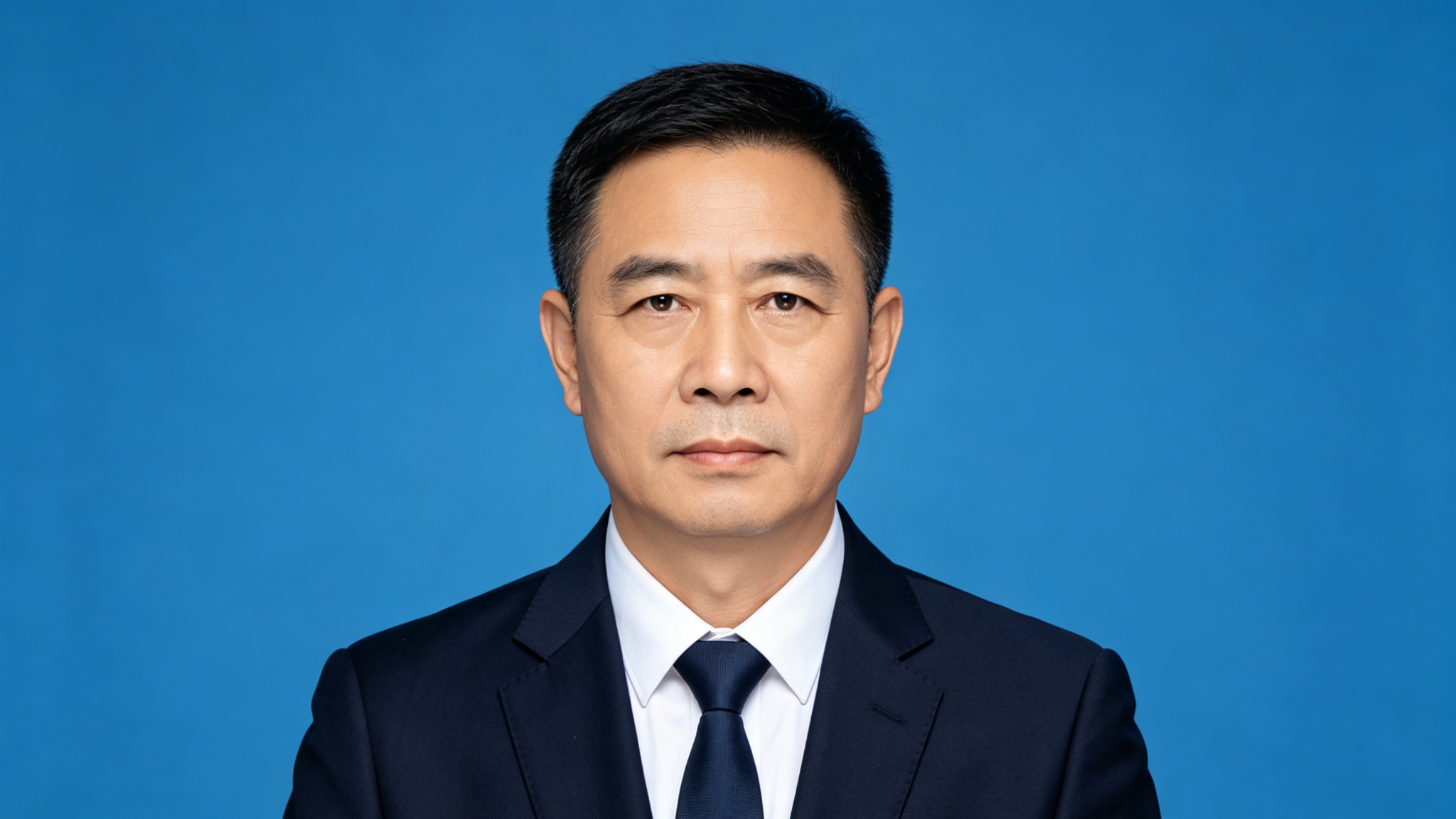中年男性蓝底证件照,穿西装打领带