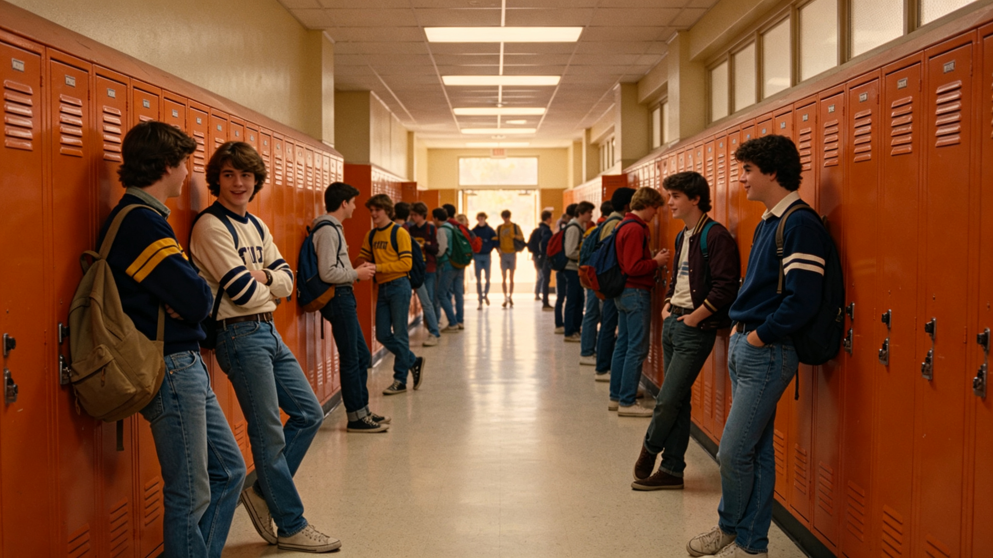 1980s high school hallway with orange lockers and students