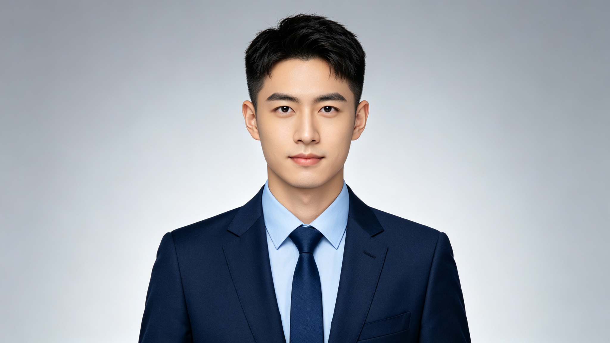 年轻男性灰底商务正装证件照,穿深蓝色西装