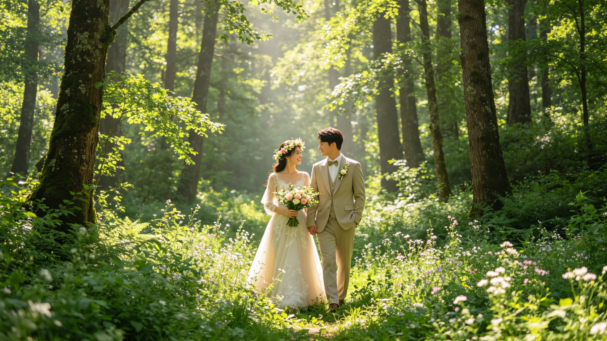Forest wedding with natural greenery and flower crown