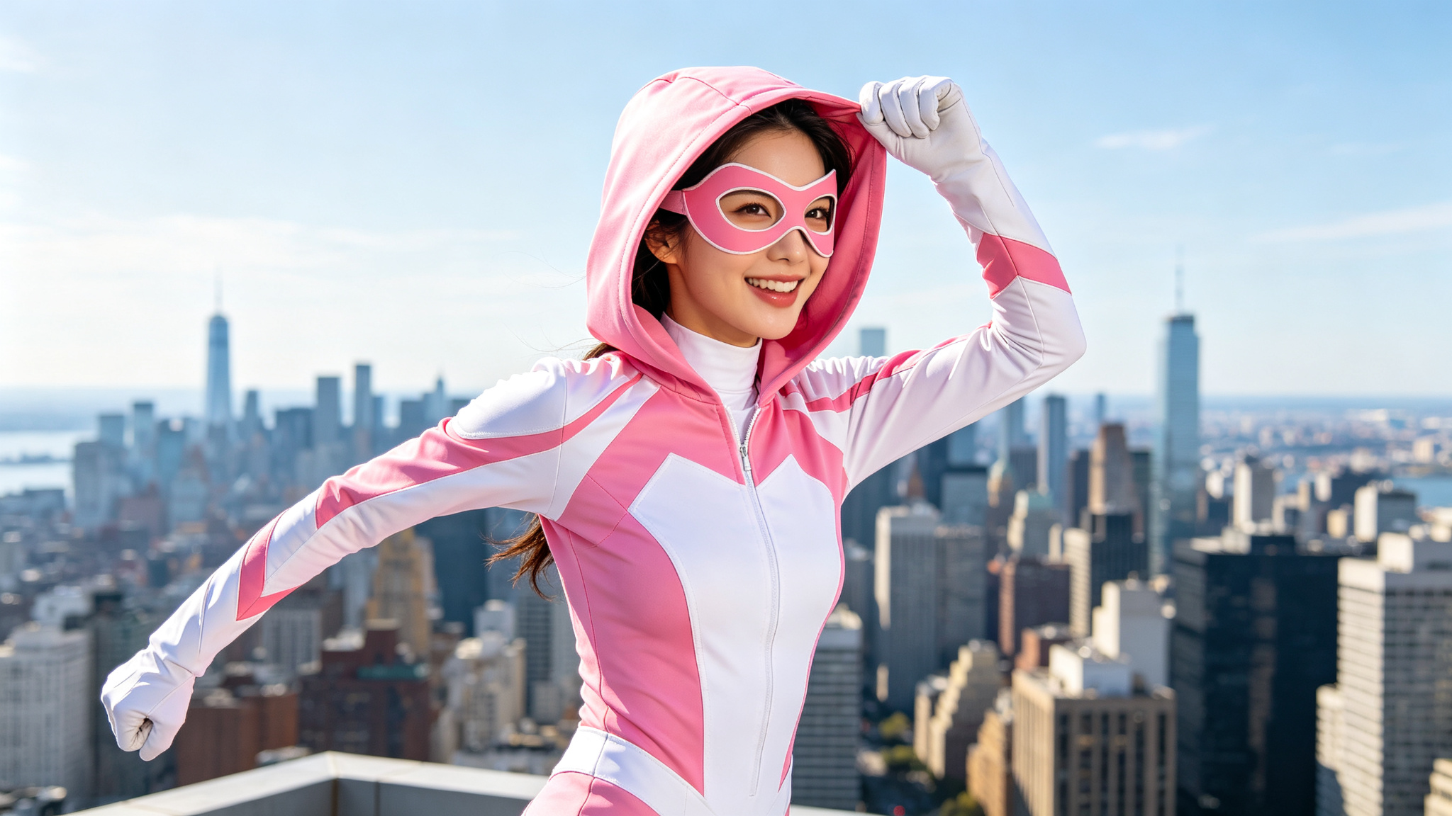 Pink and white superhero suit on a woman