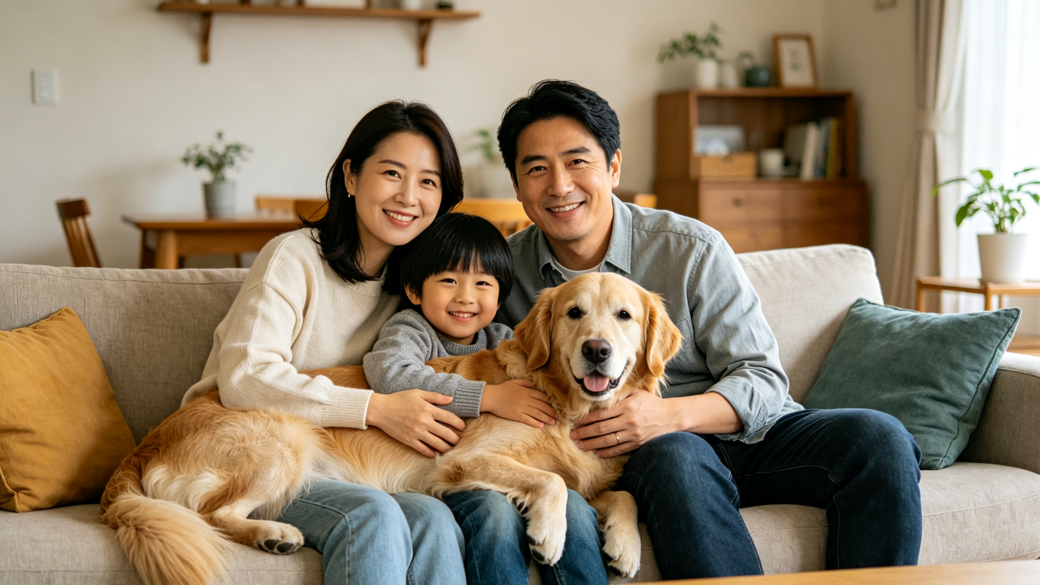 Family of three with golden retriever dog on living room sofa