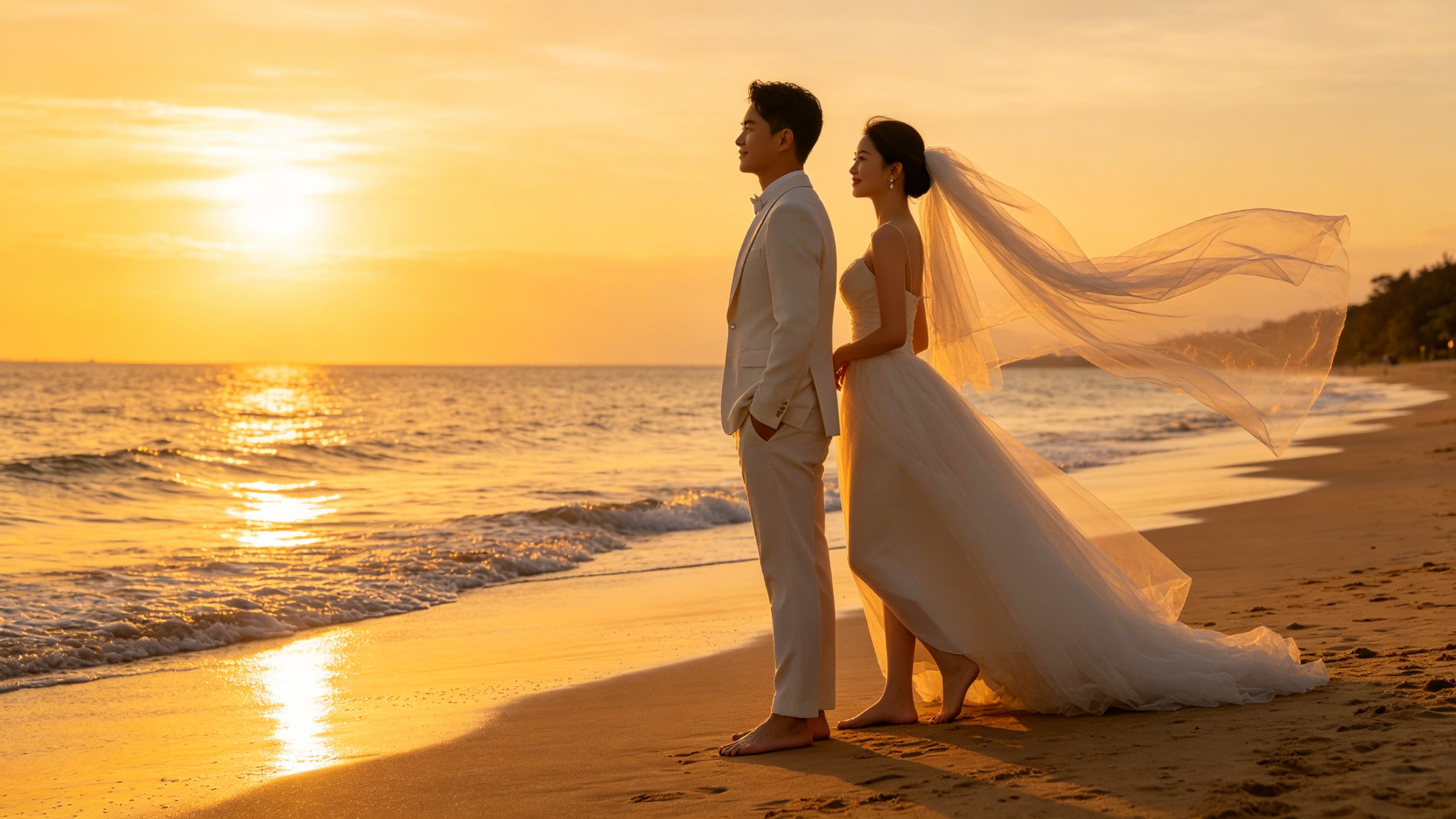 Beach wedding sunset ceremony with couple on sandy shore