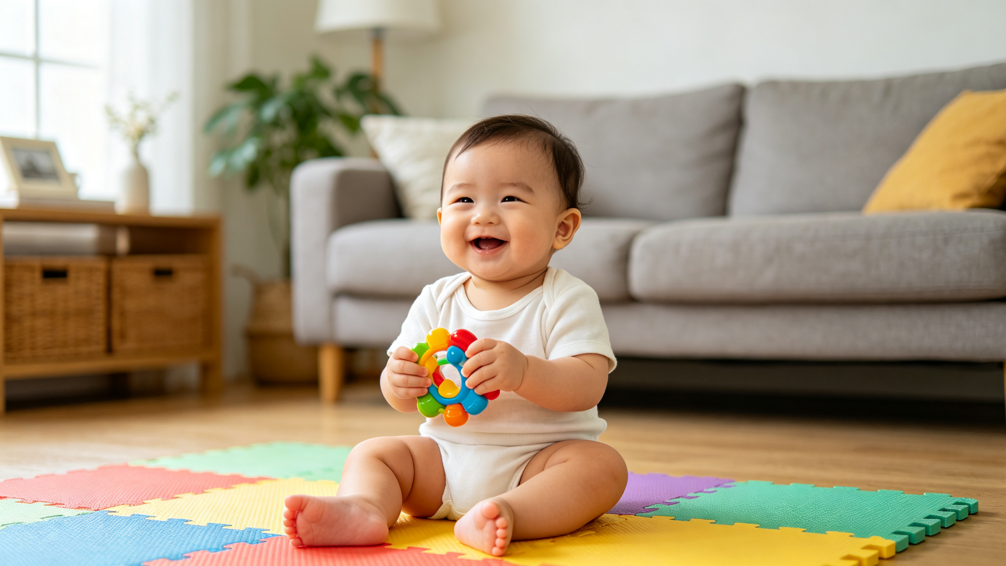 Smiling baby sitting on a colorful play mat