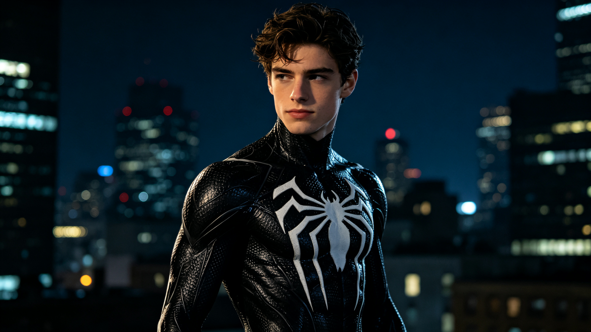Black symbiote suit transformation on a young man