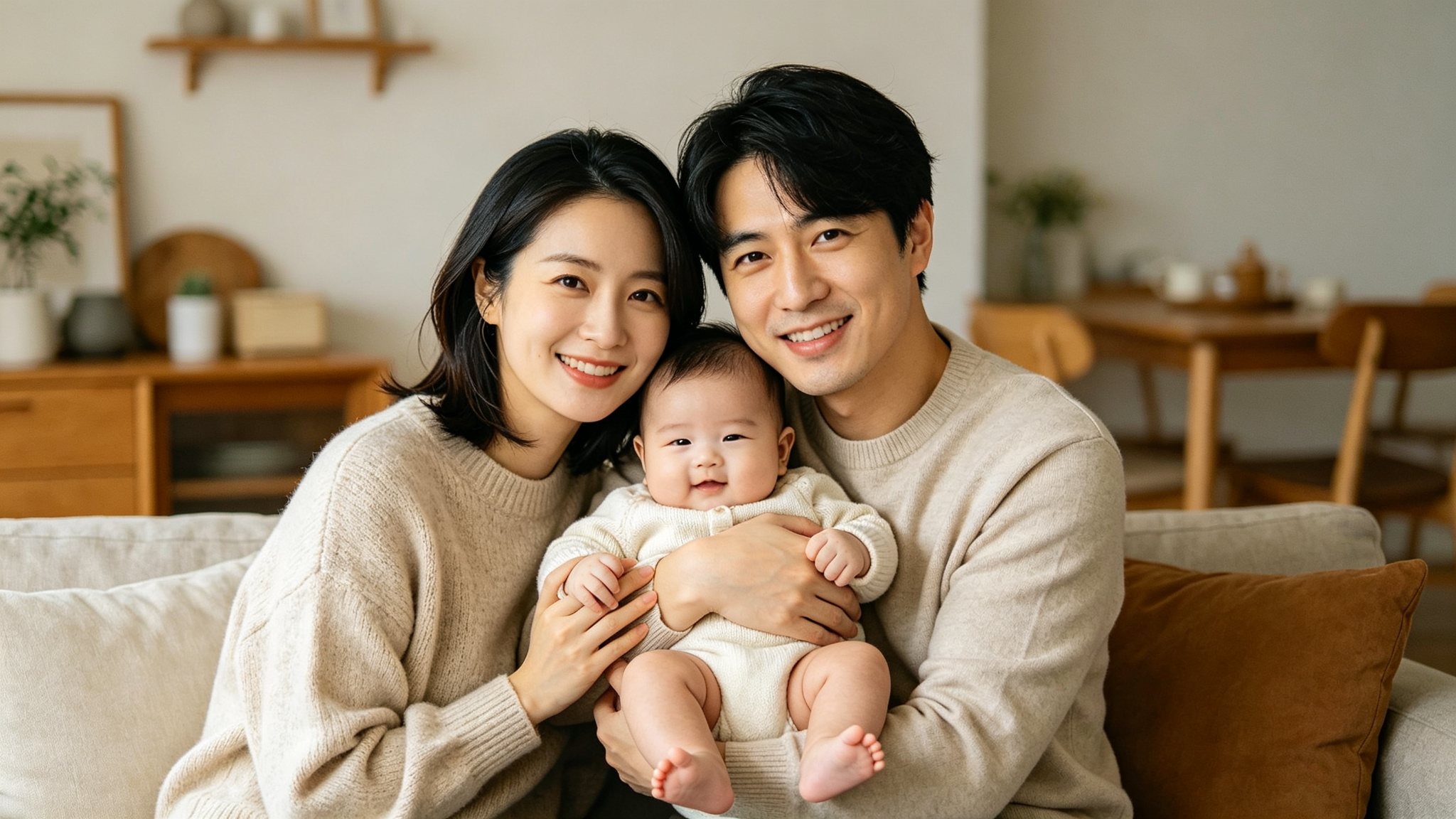 Happy family with parents holding their baby