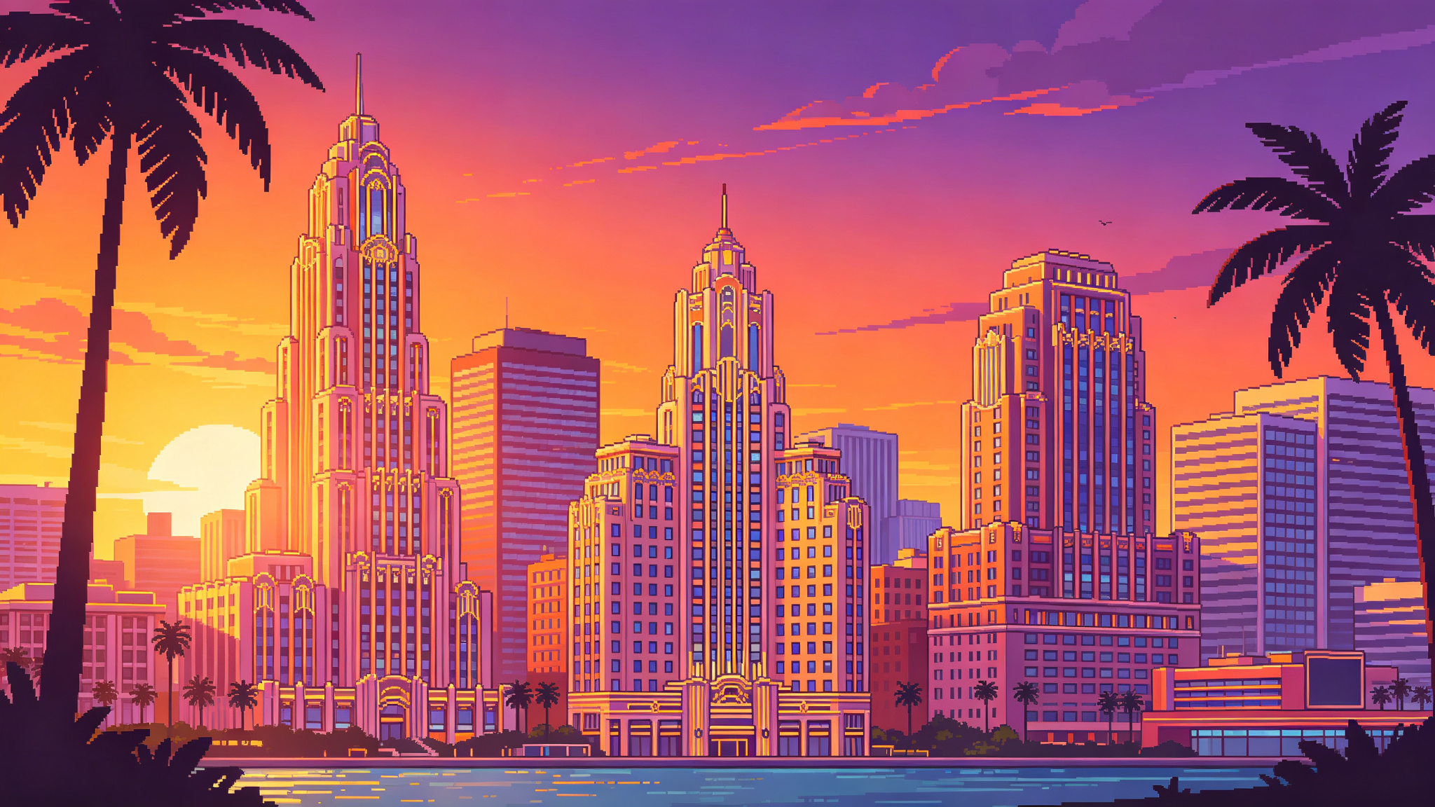 City skyline transformed into Vice City sunset artwork