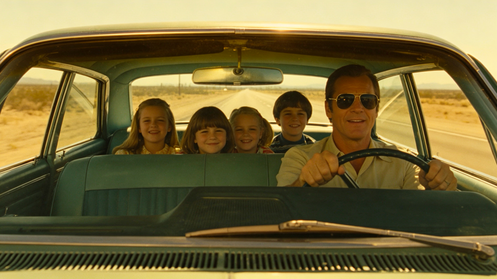 1980s family road trip in vintage car through desert