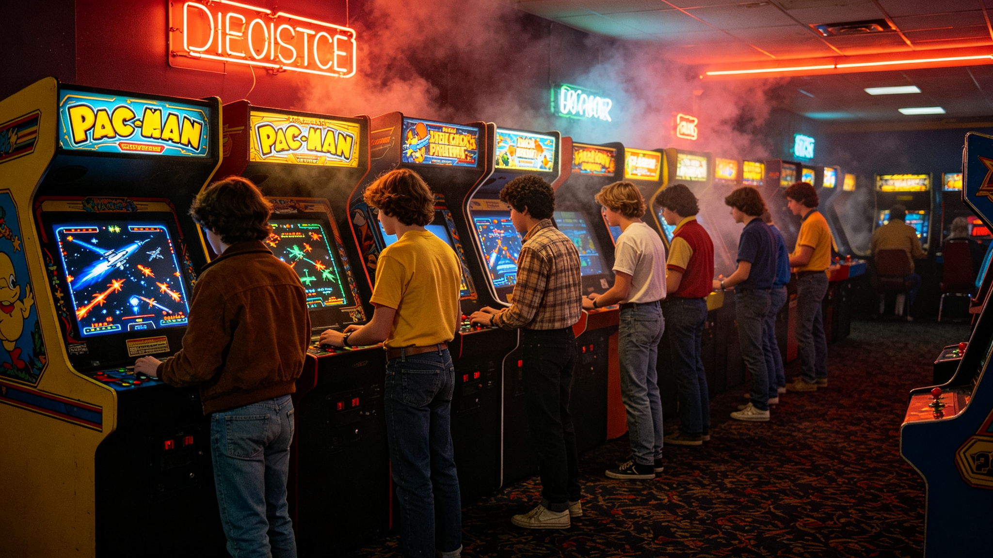 1980s arcade game room with Pac-Man machines and neon lights
