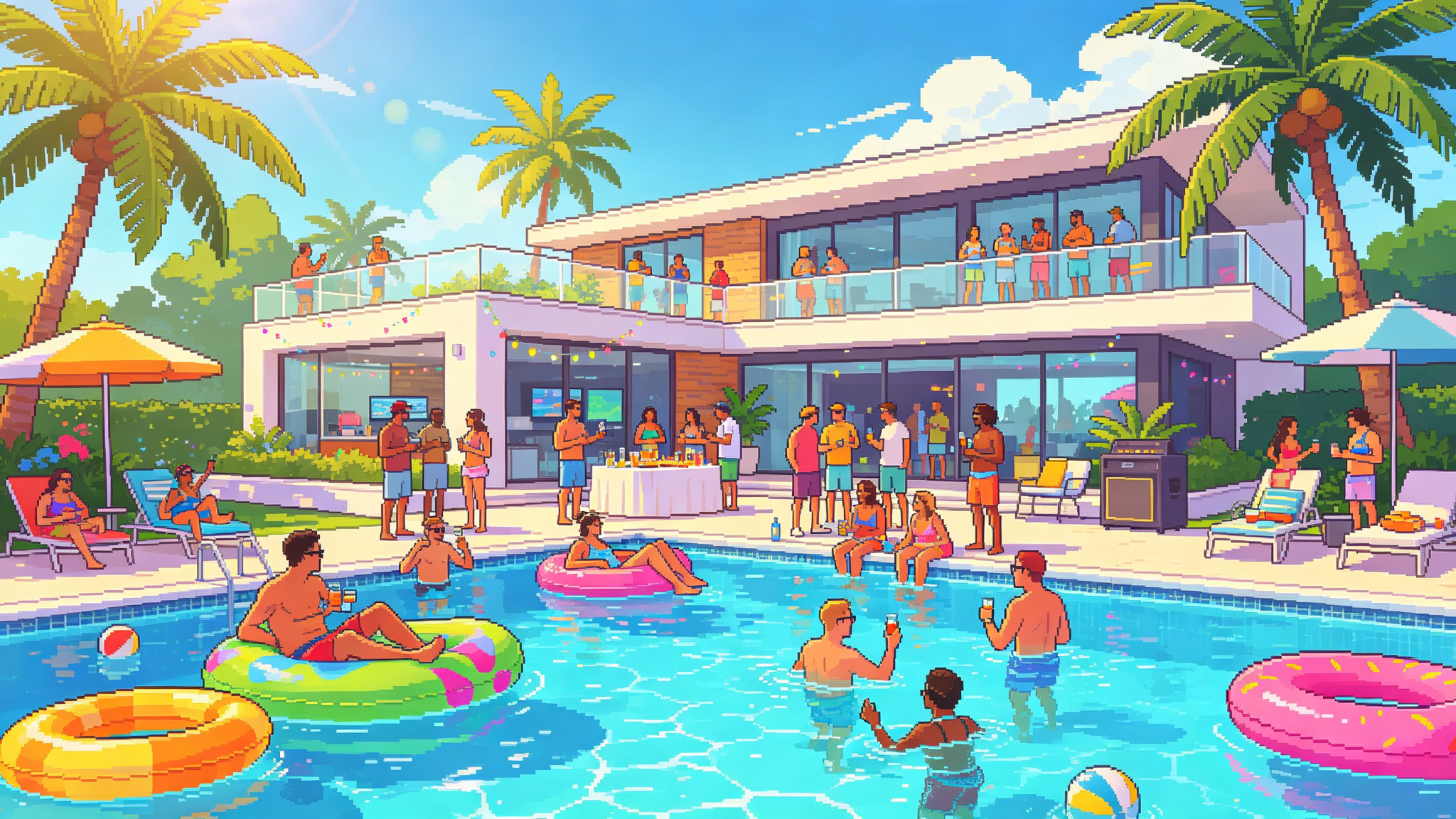 Pool party photo converted to GTA 6 cel-shaded look