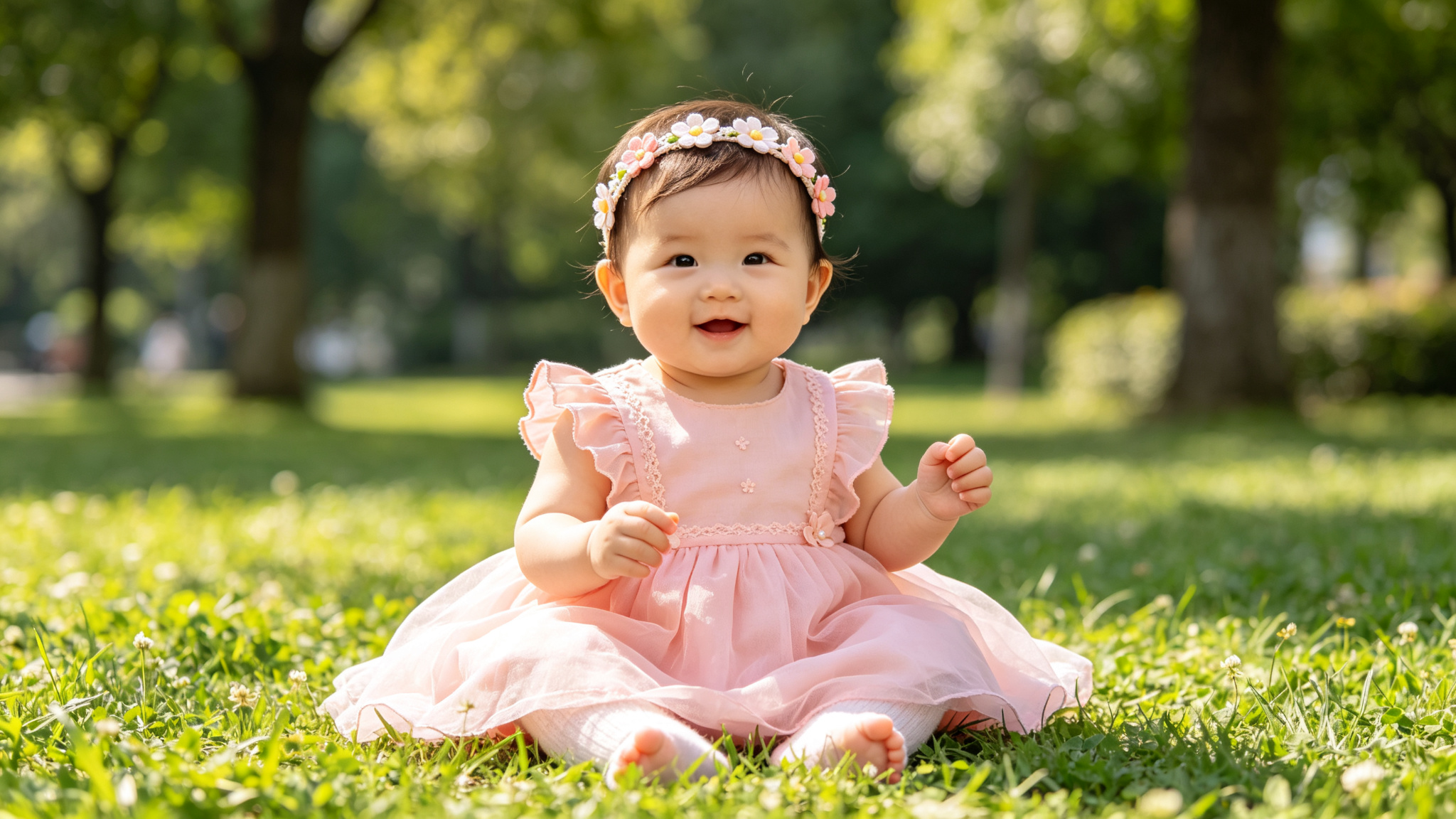 Baby girl in pink dress sitting on grass