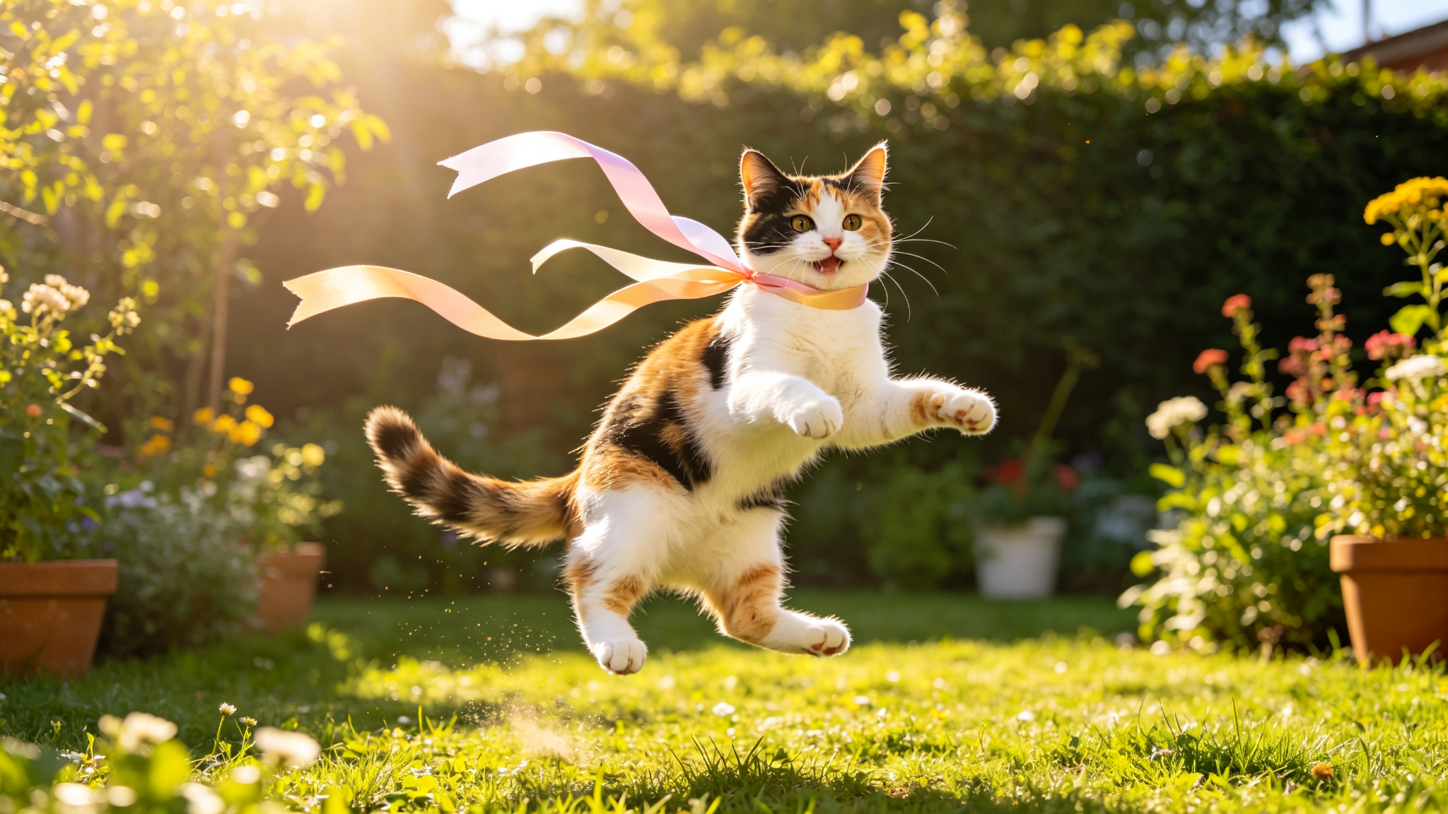 三花猫在阳光花园里叼着丝带跳跃