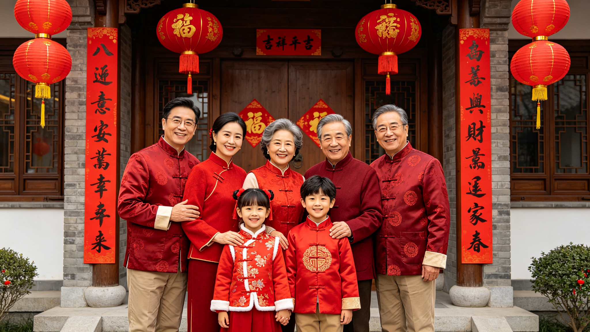 Three generation family in red festive clothing for Chinese New Year