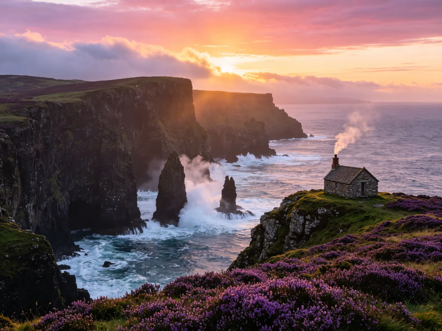 Falaises spectaculaires des Highlands écossaises au lever du soleil avec vagues déferlantes
