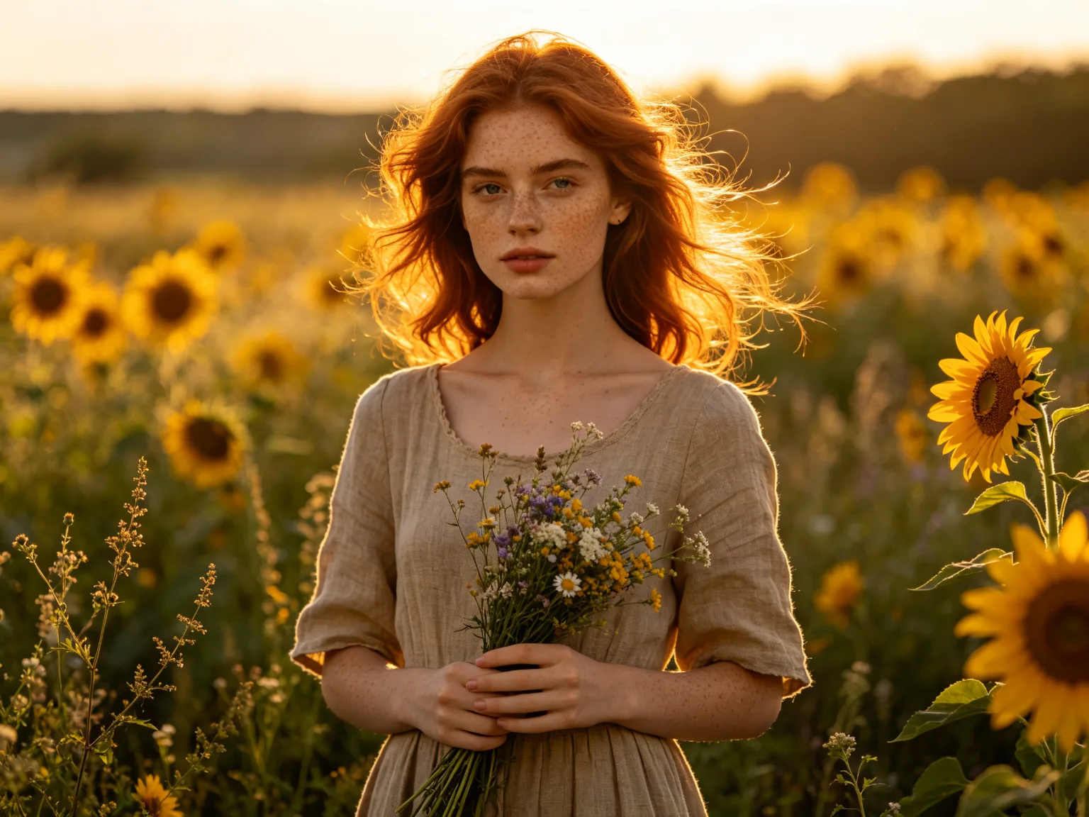 Jeune femme rousse dans un champ de tournesols à l'heure dorée
