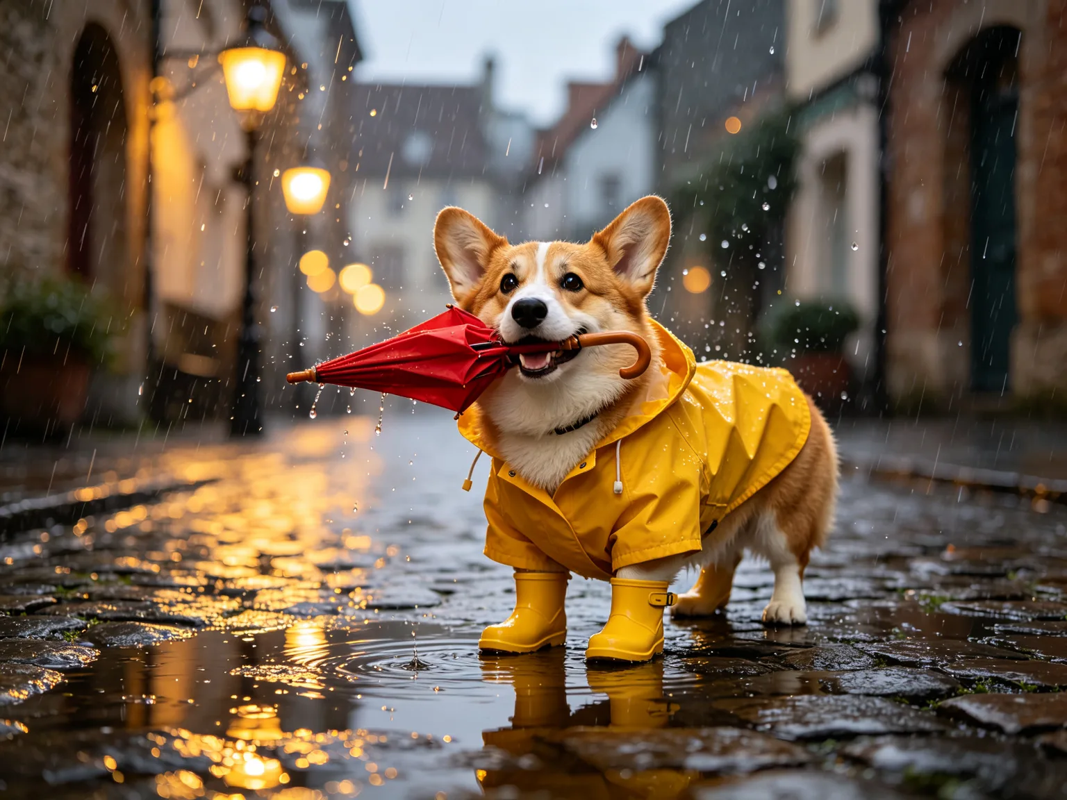 Corgi en imperméable jaune tenant un parapluie rouge dans une rue pavée