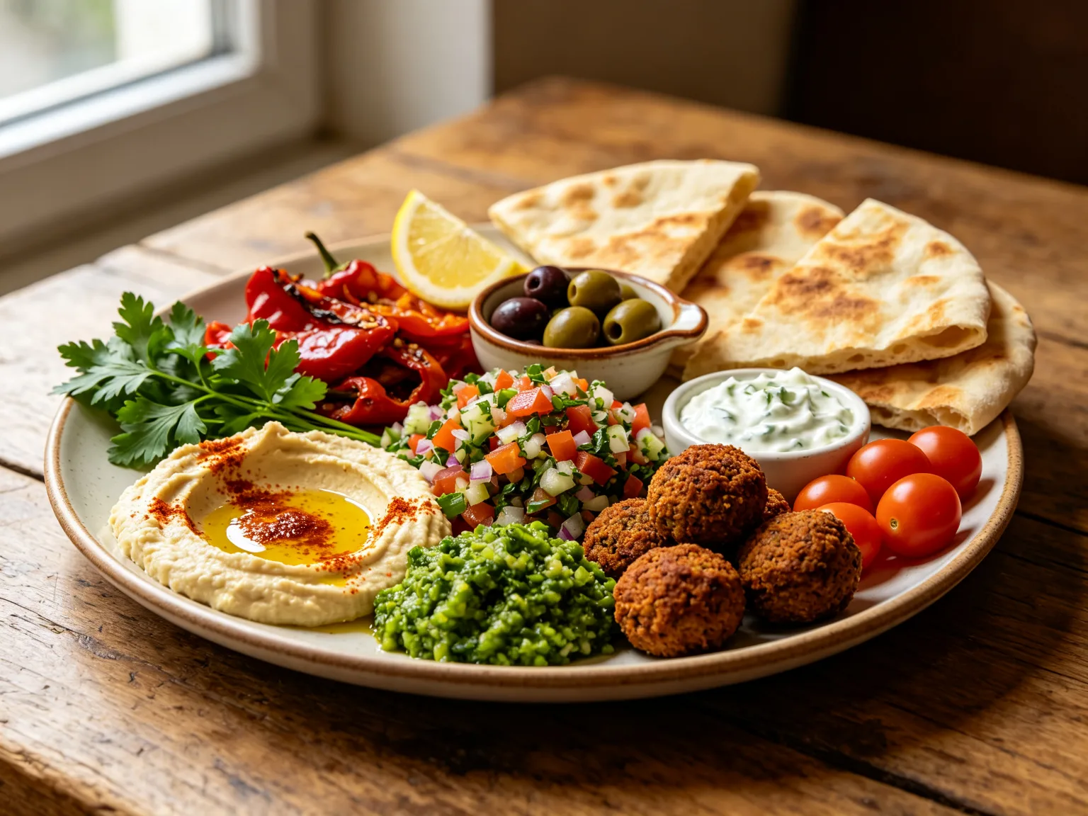 Mezze méditerranéen coloré avec houmous, felafels et légumes frais