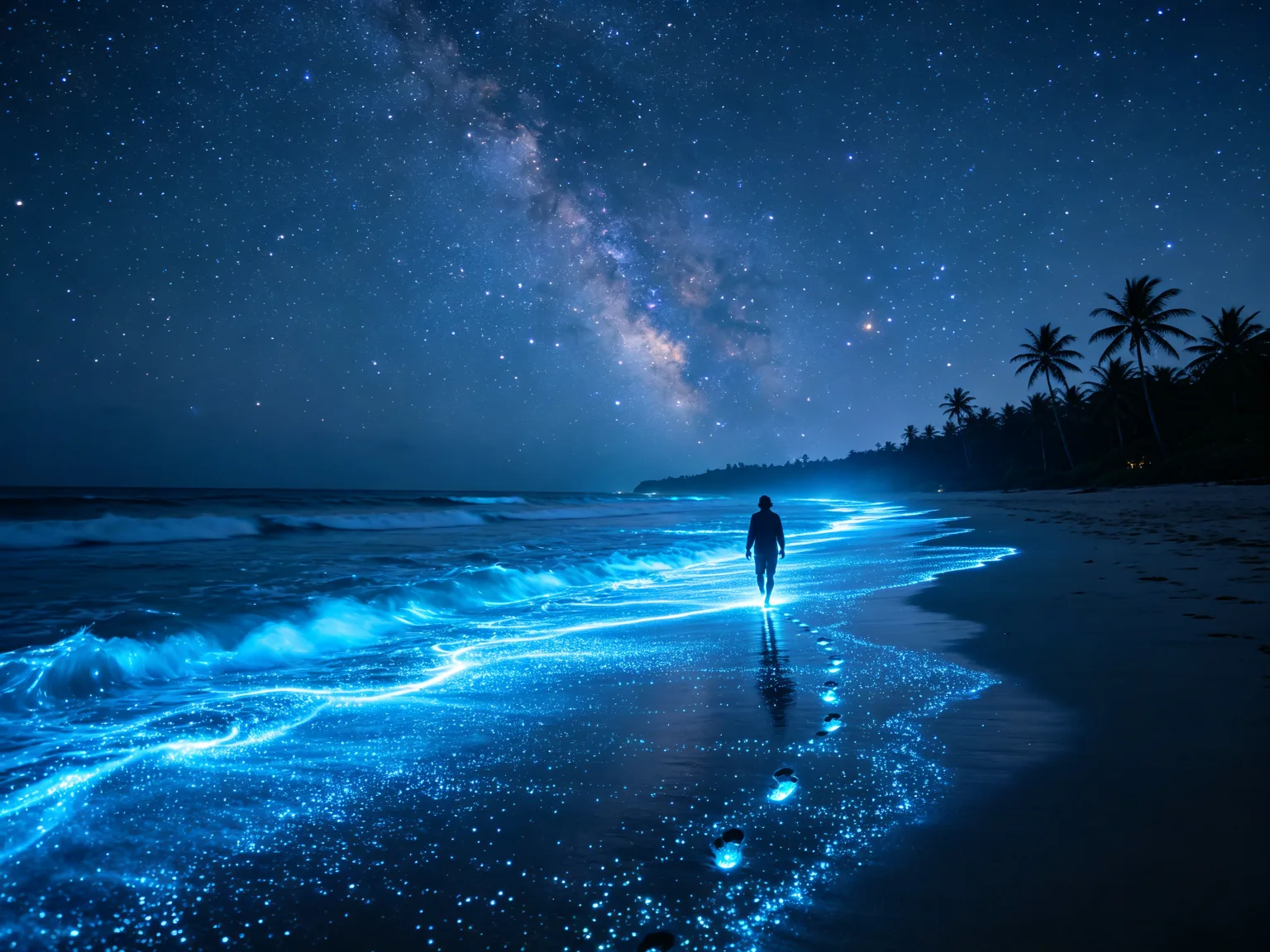 Plage bioluminescente la nuit avec vagues bleues lumineuses et ciel étoilé