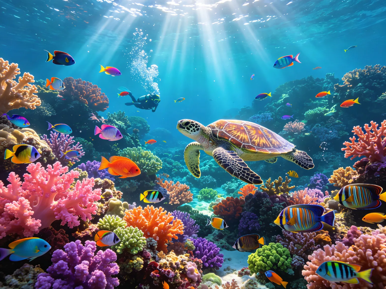 Vibrant coral reef ecosystem with tropical fish and sea turtle