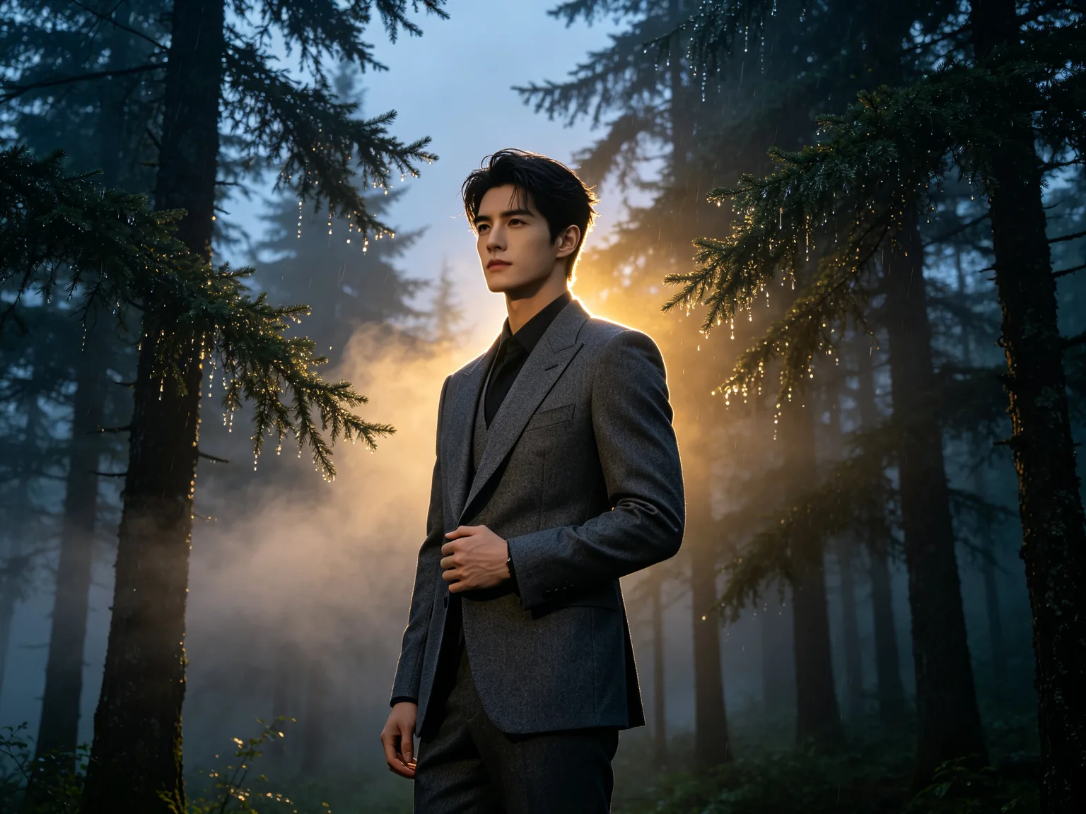 Fashion portrait of man in charcoal suit in misty forest at twilight